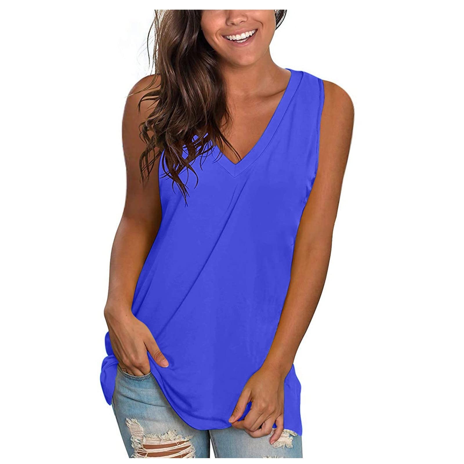 thumbnail image 2 of Camisa sin mangas con cuello en V para mujer para el verano: top informal oversize, poliéster/spandex, moda playera, tallas S-XXXXXL., 2 of 4